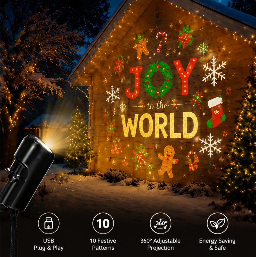 Plug-&-Play HD Christmas Projector –  10 Festive Scenes