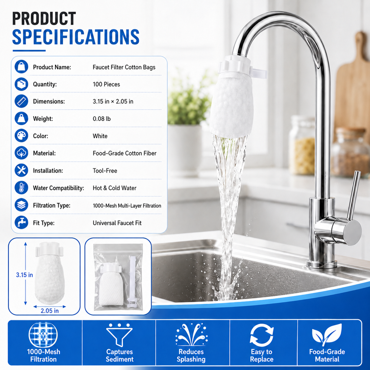 🚰 50 Pack Faucet Filter Cotton Bags – Cleaner Water, Less Splash, No Tools Needed