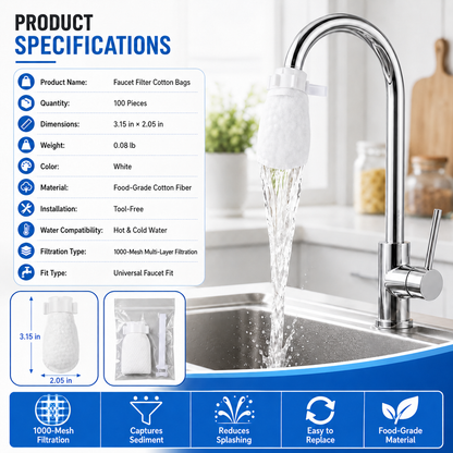 🚰 50 Pack Faucet Filter Cotton Bags – Cleaner Water, Less Splash, No Tools Needed
